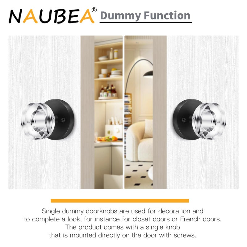 naubea 2 Pack Glass Black Dummy Door Knob Crystal Dummy Door Knobs Interior, Round Vintage Door Knob Matte Black Dummy Door Handle Interior for Hall Pantry Closet Door Knobs - Image 2